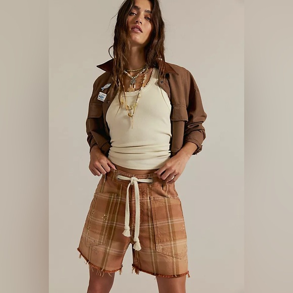 FREE PEOPLE Moxie Barrel Denim Shorts Rust Plaid NWT We The Free - Picture 2 of 13